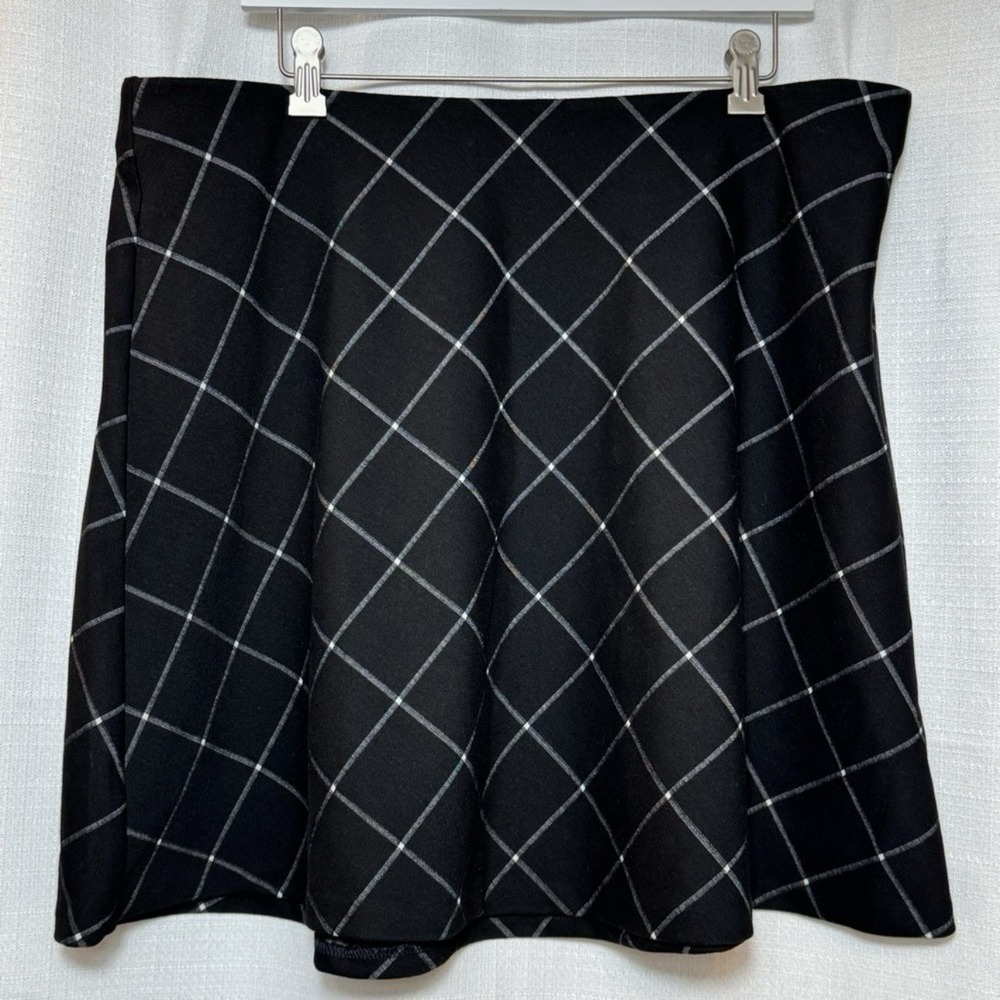 LOFT Plaid Skirt XL Black White Windowpane Check A Line Flare Stretch Knee